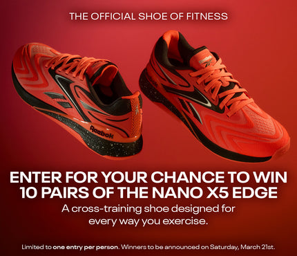 Red and black Reebok cross-training shoes on a red background with promotional text: 