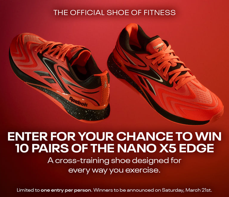Red and black Reebok cross-training shoes on a red background with promotional text: 
