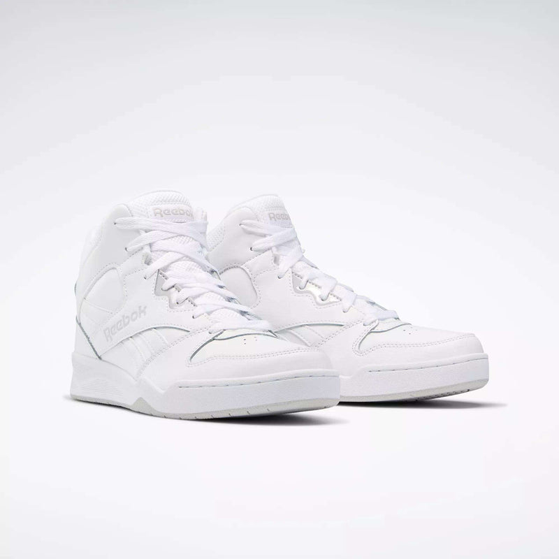 The Reebok Men's Royal BB4500 Hi 2.0 Shoes feature a white leather upper, minimalist design, and subtle branding on the side and tongue, shown against a plain light background.