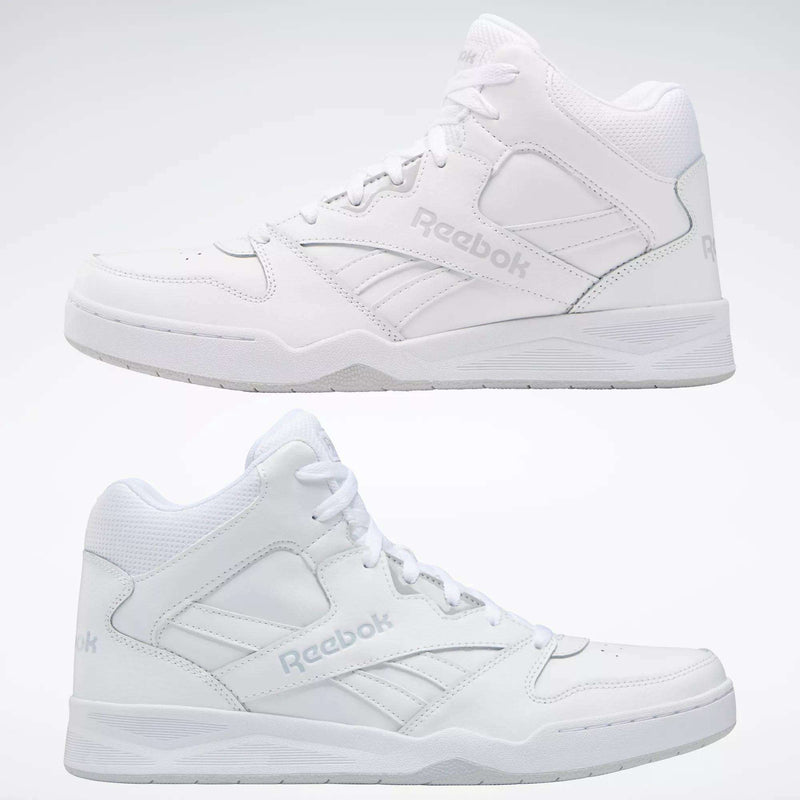 Two angles of the Reebok Men's Royal BB4500 Hi 2.0 Shoes are shown on a plain background: one highlights the outer side and the other the inner, featuring a leather upper and signature logo inspired by classic '80s style.