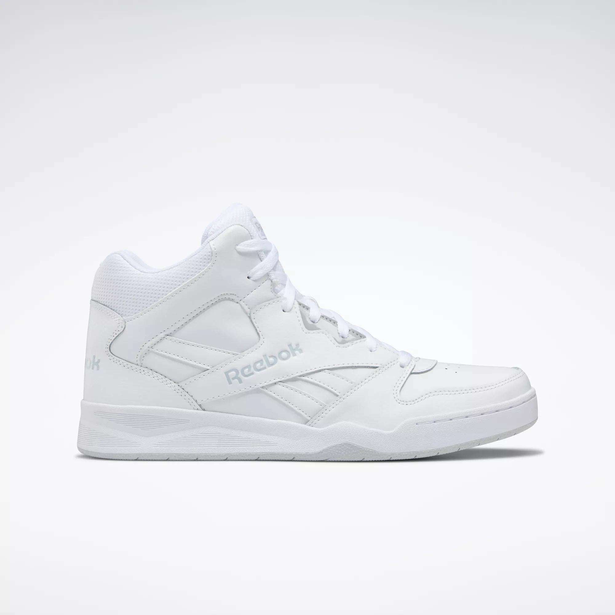 Displayed on a plain white background, the Men's Royal BB4500 Hi 2.0 Shoes by Reebok are white high-top sneakers featuring white laces, a white sole, and the Reebok logo on the side in an '80s-inspired design.