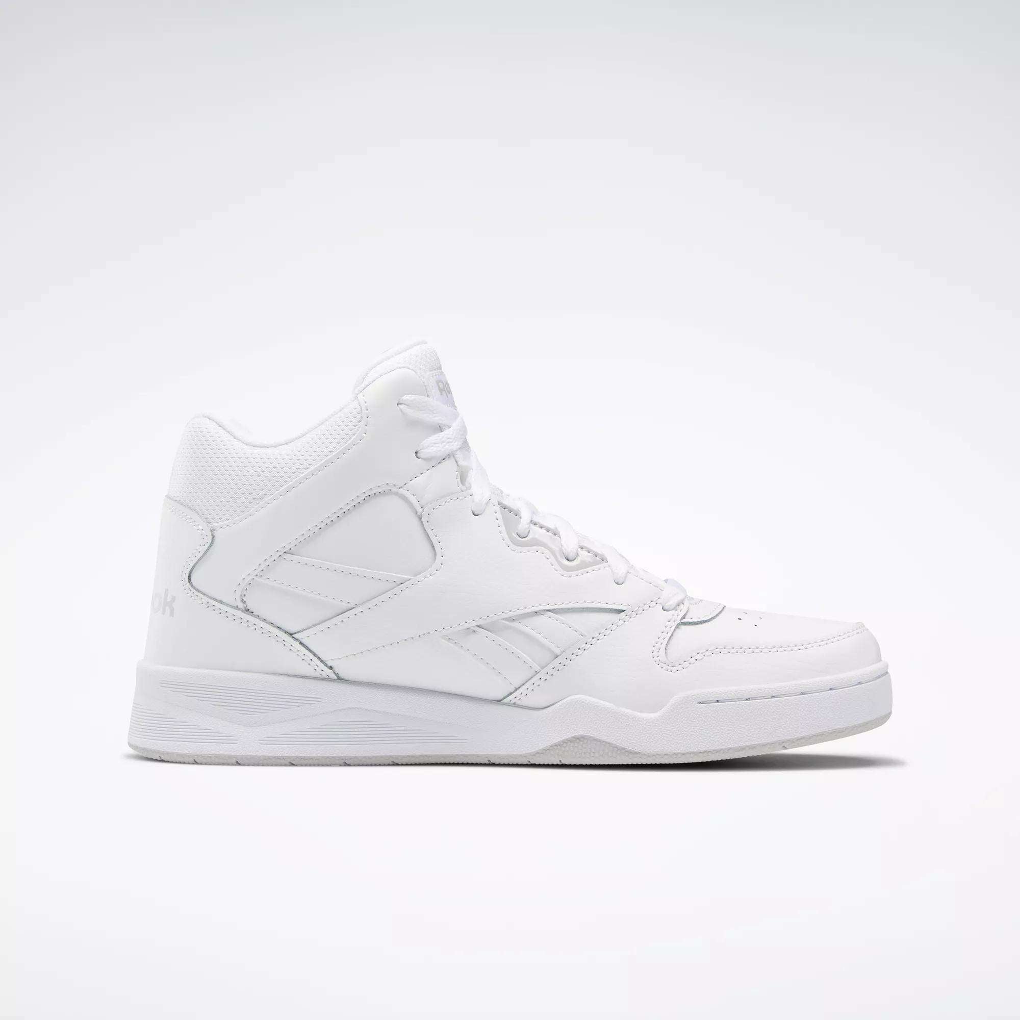 The Reebok Men's Royal BB4500 Hi 2.0 Shoes, shown in white with laces and a high-top design, evoke classic '80s style in a sleek side profile against a light background.