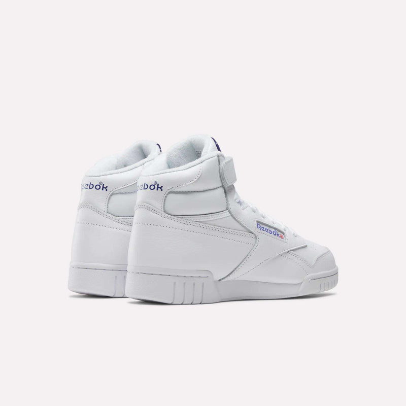 A pair of Reebok Men's EX-O-FIT Hi Shoes in white leather with blue and red logo accents, old-school design, shown from back and side on a plain light background.