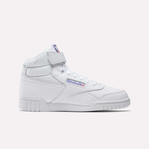 The Men's EX-O-FIT Hi Shoes by Reebok feature a white, high-cut design with a velcro strap, blue and red logo accents, and a rubber sole for classic old-school style.