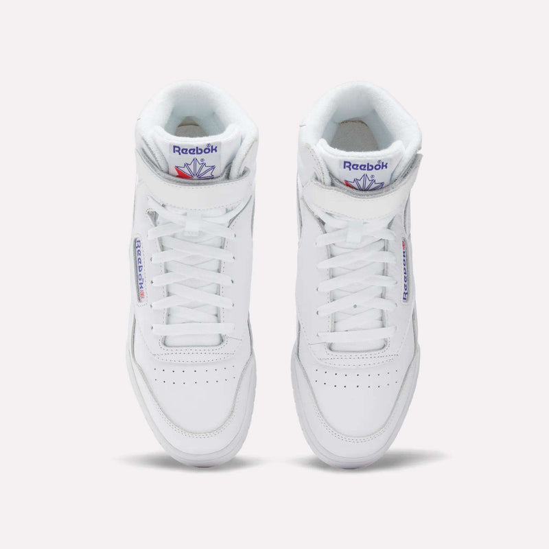 A pair of Men's EX-O-FIT Hi Shoes by Reebok, in white leather with blue and red logo details on the tongue and side, shown from above on a light background, radiating classic old-school style.