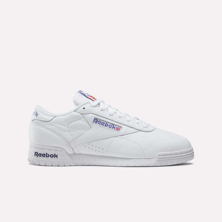 The Reebok Men's Exofit Lo Shoes are white sneakers with blue Reebok logos and red accents, shown from the side on a plain white background.