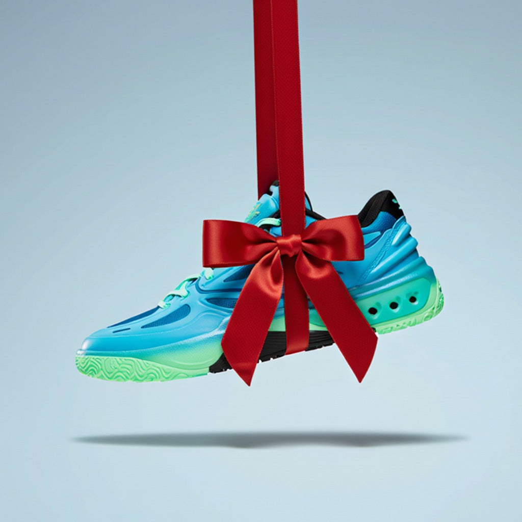 Blue and green sneaker with a red ribbon on a light blue background