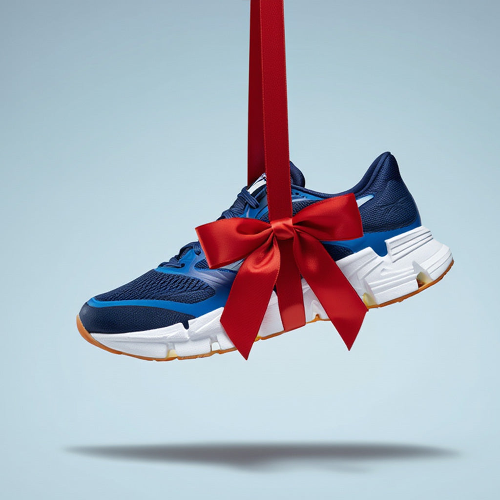 Blue and white sneaker with a red ribbon on a light blue background