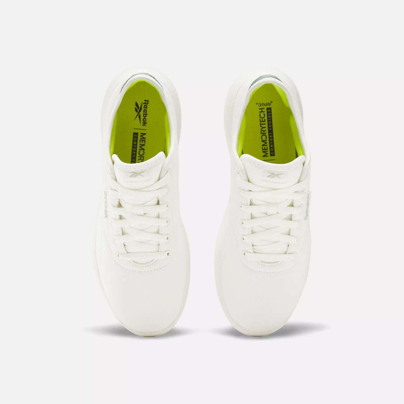 Top view of Reebok Active Lite Shoes with a breathable upper, white laces, and light green MEMORY TECH insoles, set against a plain white background.
