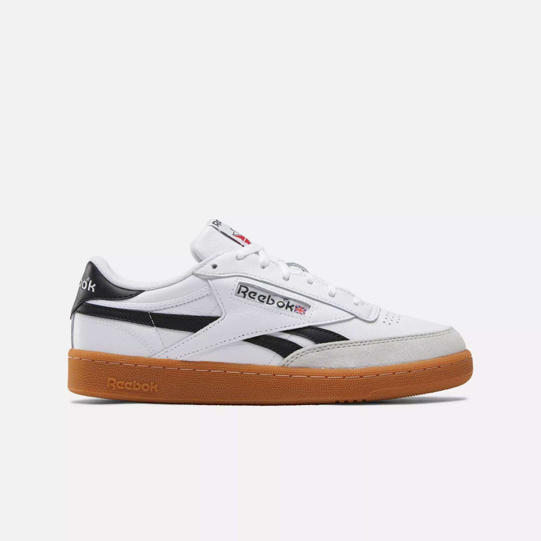 The Reebok Men's Club C Revenge Vintage Shoes feature white leather, black accents, a gum rubber sole, and classic Reebok logos on the side and heel—an iconic men's casual sneaker shown on a plain white background.