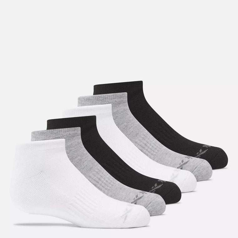 Six pairs of Reebok Kids' Low Cut Basic Socks—two white, two light gray, and two black—are arranged in a row on a plain white background. Moisture-wicking fabric keeps feet dry and comfortable.