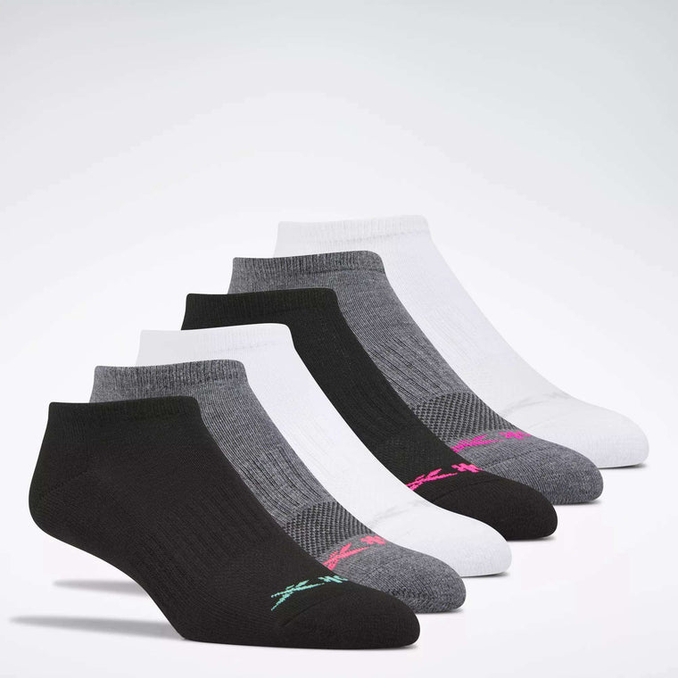 Women's Reebok Basic Low-Cut Socks 6 Pairs are displayed in black, gray, and white. Ideal for workouts, some pairs feature small colored toe logos—pink on gray and teal on black. From Reebok.