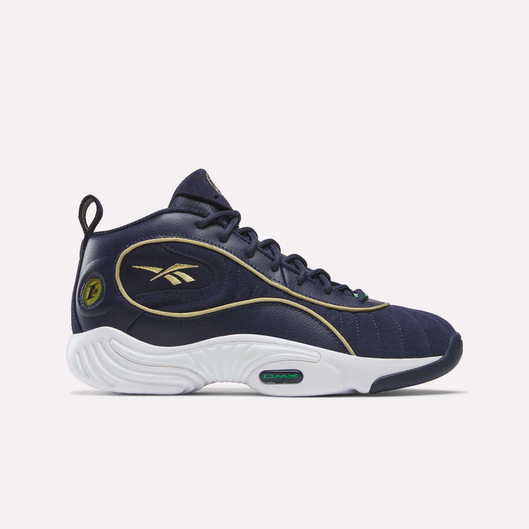 The Reebok Answer III Shoes are navy blue, inspired by Allen Iverson, and feature gold accents, a white midsole, black outsole, retro mid-top design, black laces, and the iconic Reebok logo on the side.