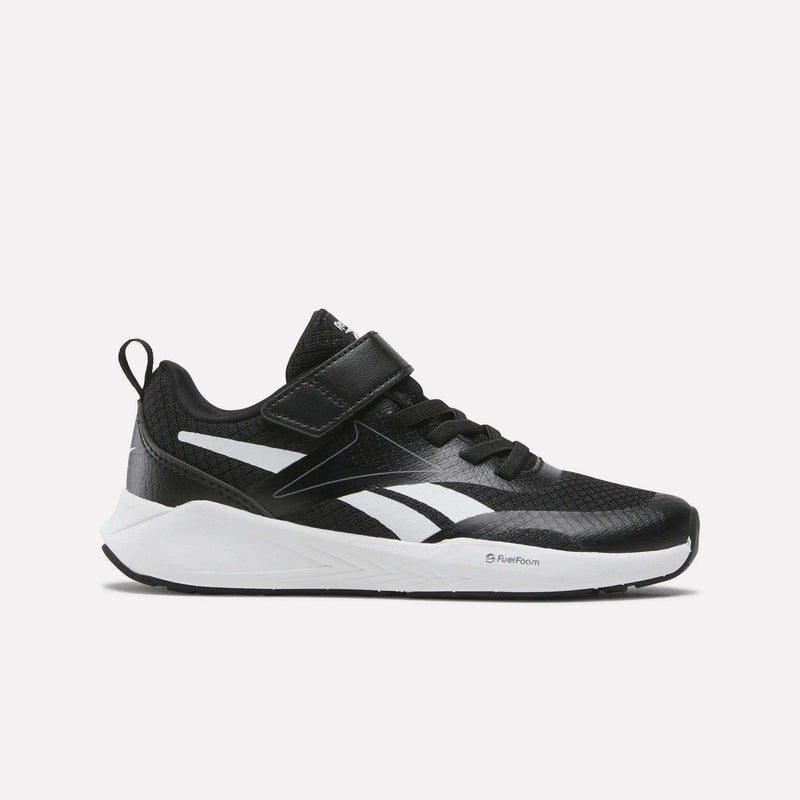 Displayed on a plain white background, the Reebok Energen Running Shoes - Little Kids in Black/White/Grey 3 feature a Velcro strap, pull tab at the heel, and a white sole with white accents—making them perfect for active little ones.
