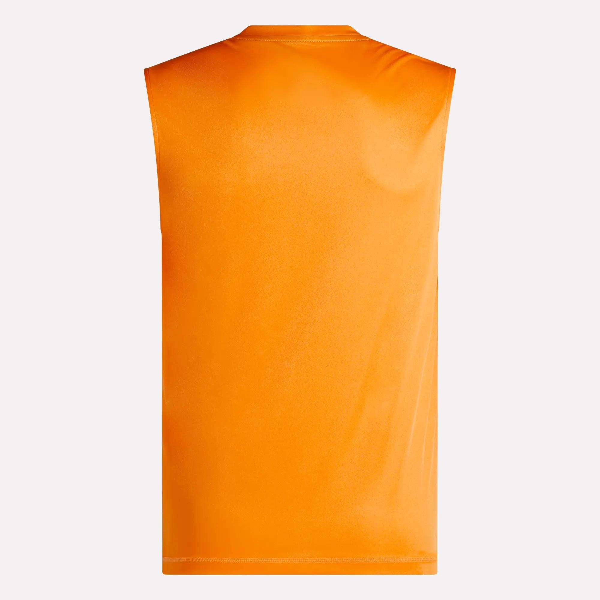 The Reebok Men's Training Sleeveless Tech T-Shirt in bright orange is lightweight with a smooth finish, shown from the back against a white background—ideal for workouts.