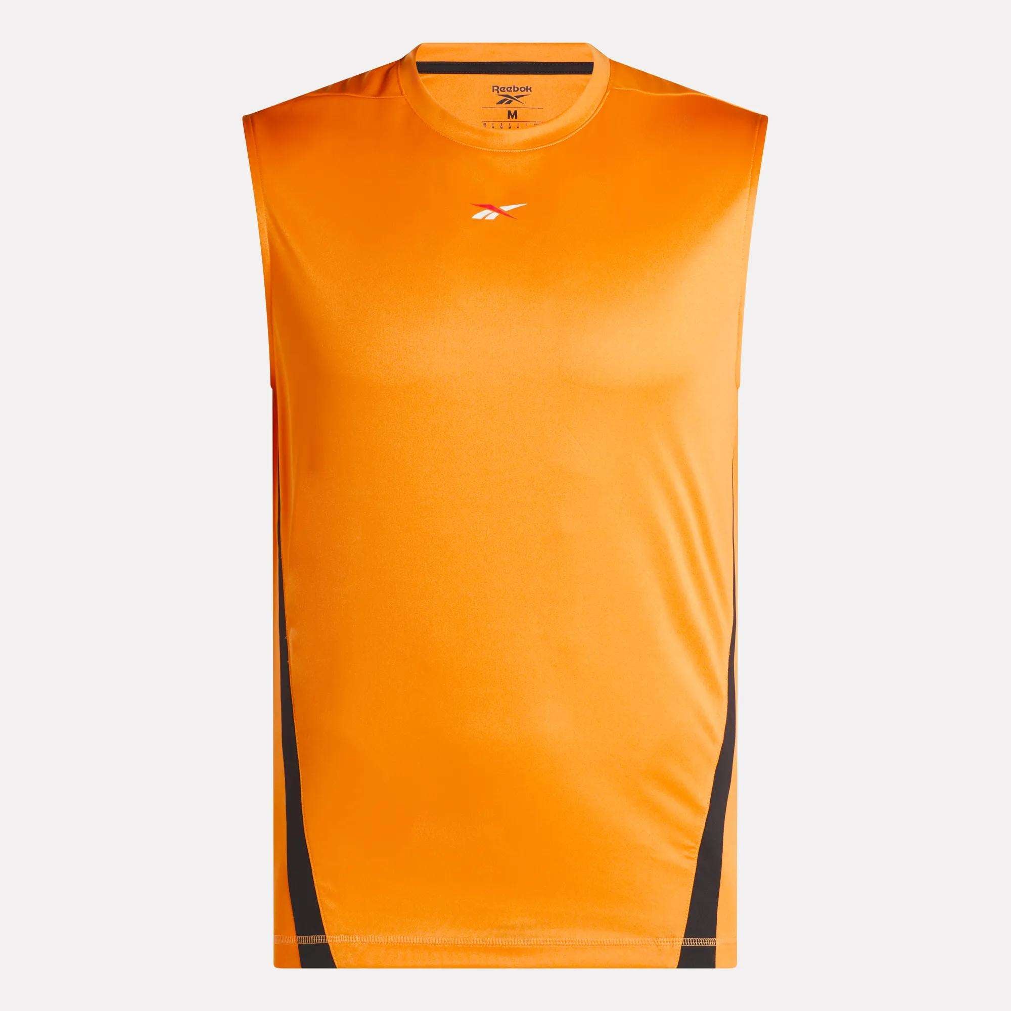 The Reebok Men's Training Sleeveless Tech T-Shirt in orange features black side panels and a small white and red logo on the chest. This lightweight tank is shown against a plain white background.