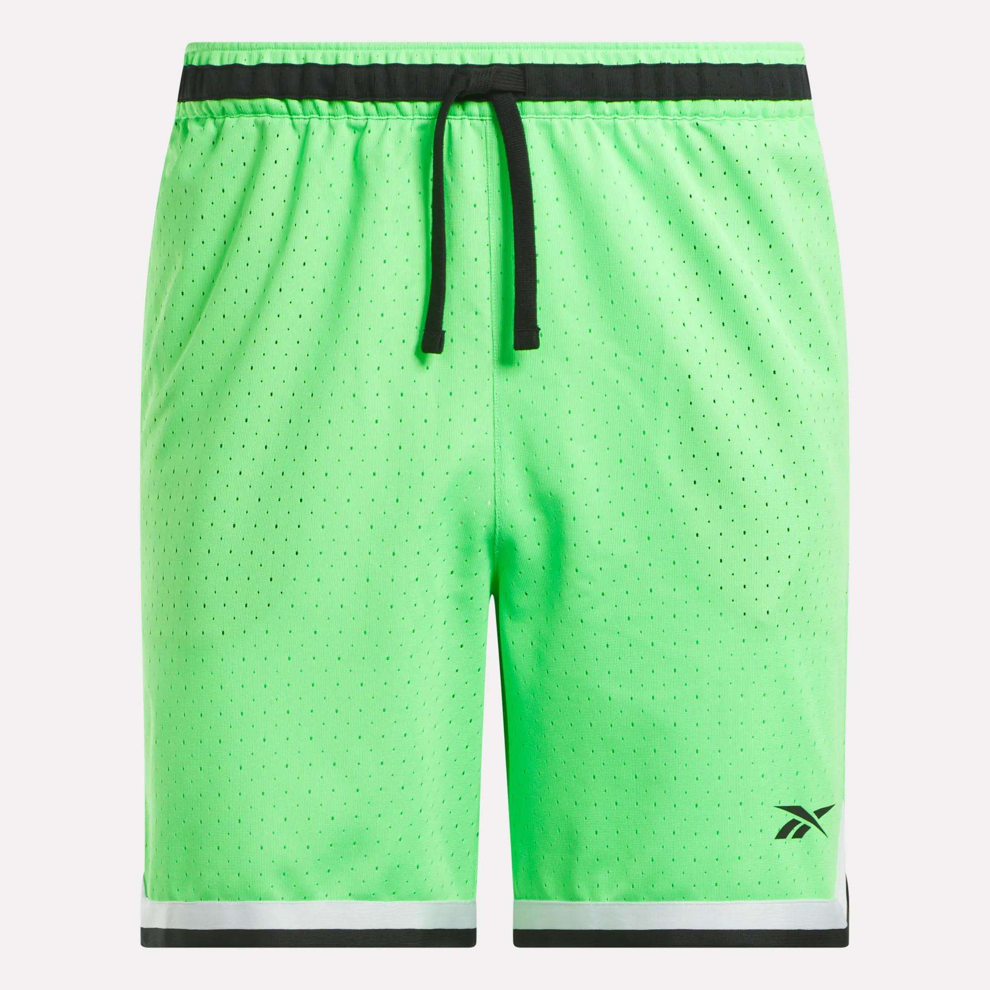 Reebok Men's Basketball Transition Shorts 7" in neon green feature a black drawstring, black and white hem trim, small black logo on the left leg, and breathable perforated mesh—ideal for active days.