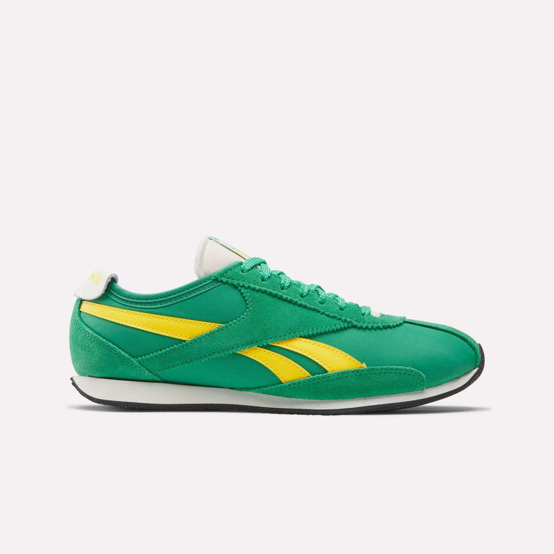The Reebok R400 Shoes feature a green upper with yellow stripes and accents, green laces, and a lightweight EVA white sole, displayed in side view on a plain white background.