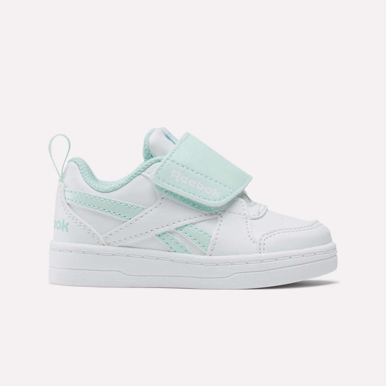 The Reebok Kids' Royal Prime Snug Shoes - Baby & Toddler are white with mint green accents, a Velcro strap, and side logo—shown from the side on a plain background—easy-on sneakers ideal for little girls.