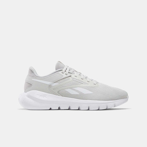 The Reebok Men's Split Flex Training Shoes in light gray with white accents and logo feature a white cushioned sole, shown in side profile on a white background—perfect for HIIT classes or daily workouts.