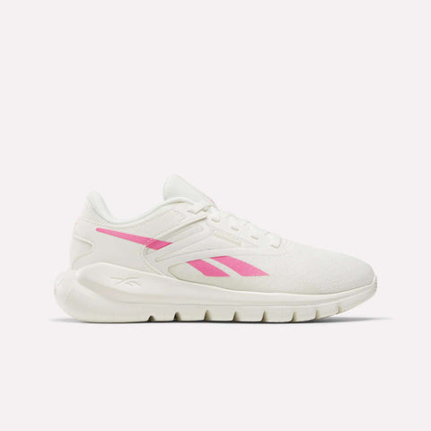 The Reebok Women's Split Flex Training Shoes feature a thick sole and pink accents, including the logo and stripe. Shown in a side profile view against a white background, they're perfect as women’s workout shoes.