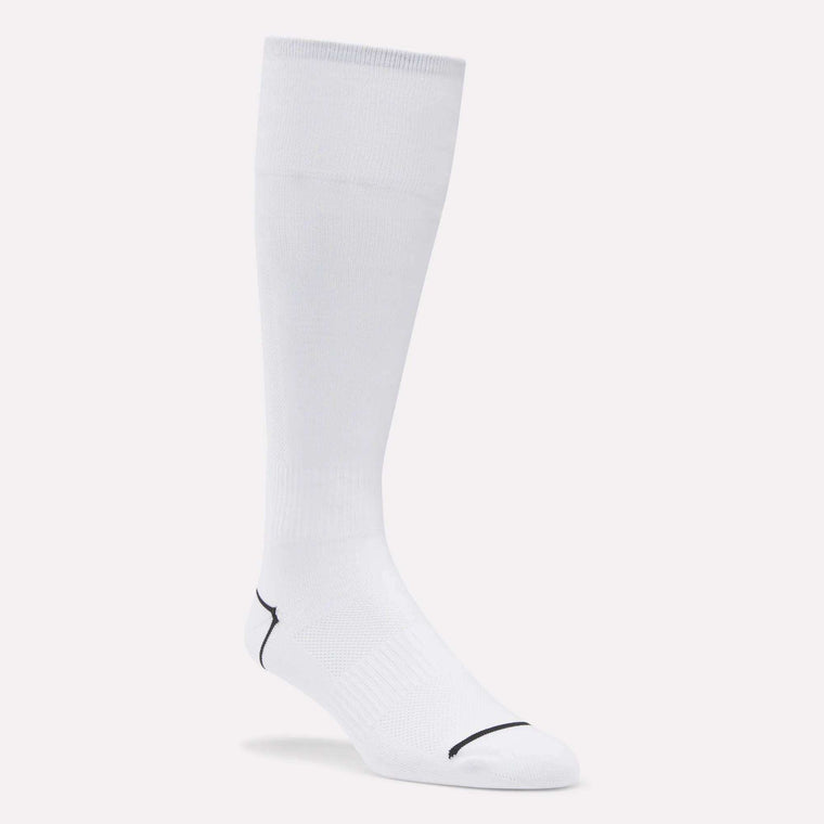 A single Reebok Men's Soccer Crew Sock in white with subtle black lines on the toe and heel, shown against a plain light background.