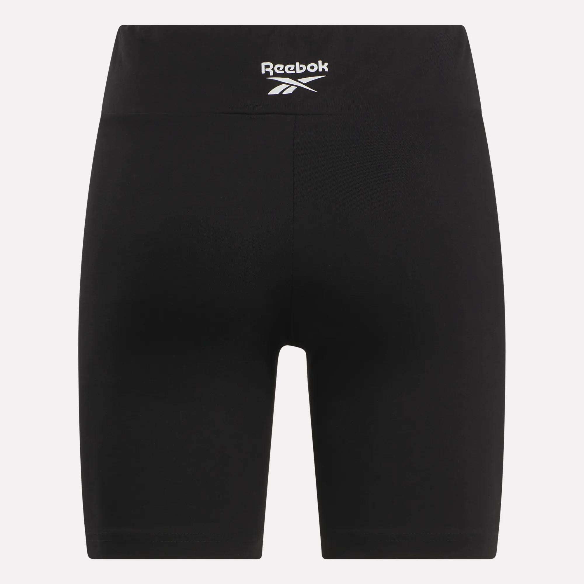 Seen from the back, these Women's Small Logo Cycle Shorts by Reebok feature a stretchy fit and a white logo near the waistband, blending comfort and style for any activity.
