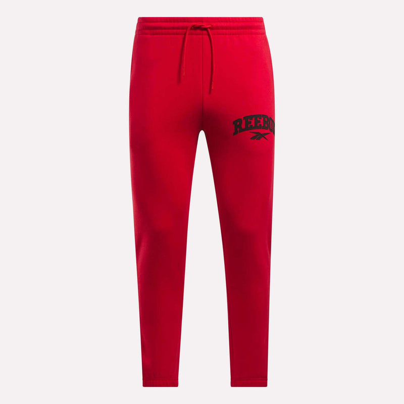 Reebok Men's Joggers in bright red fleece, featuring an elastic waistband, drawstring, and bold REEBOK logo on the left thigh, shown against a plain white background.