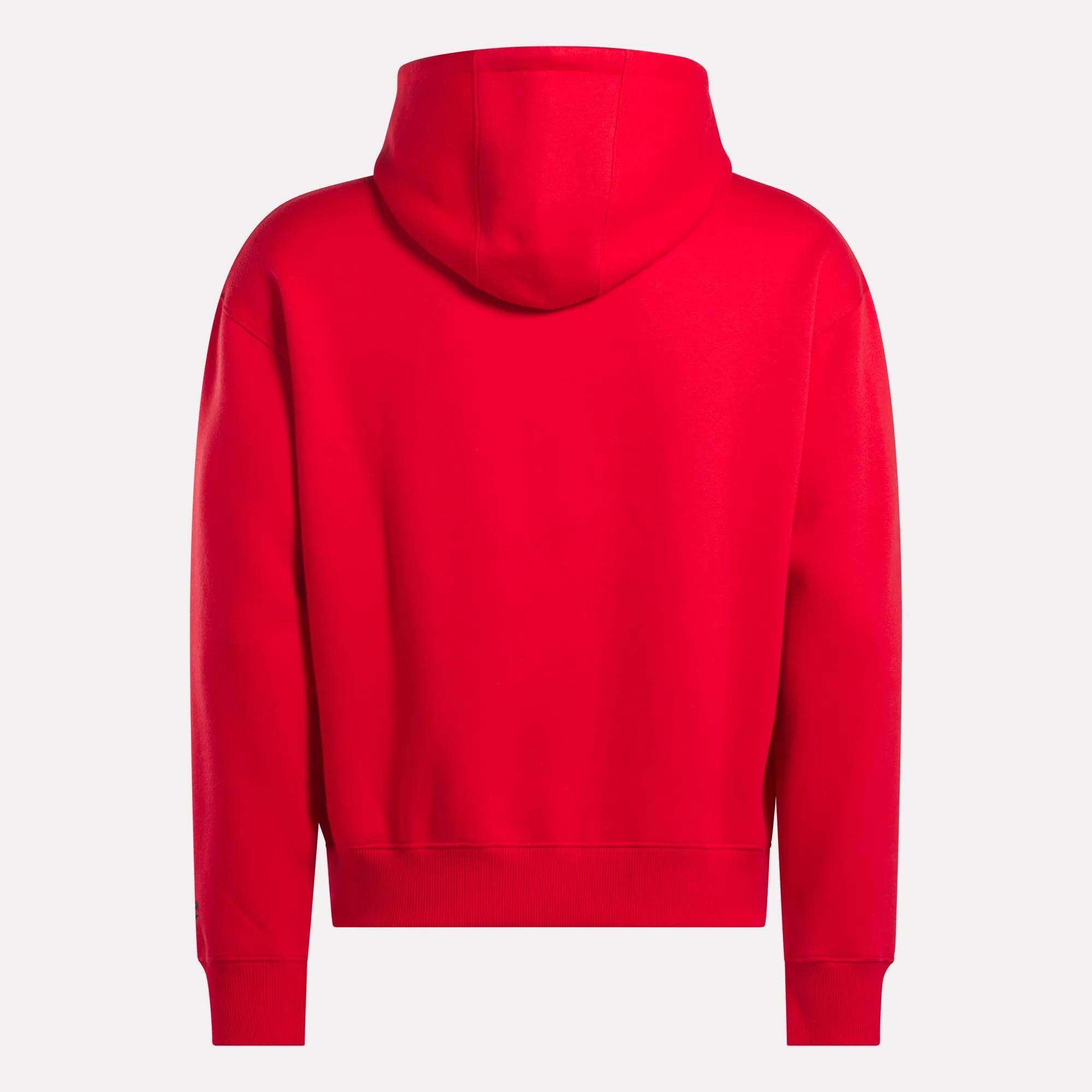 The Reebok Men's Hoodie, shown from the back in plain red with long sleeves and a relaxed fit, is displayed on a white background to highlight its classic style and soft comfort.