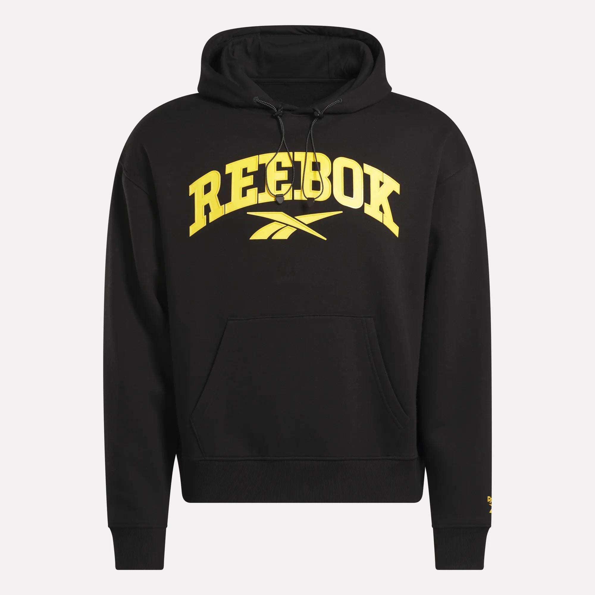 The Reebok Men's Hoodie features a drawstring hood, front pocket, and bold yellow REEBOK logo on the chest. This soft black hoodie delivers comfort and style, making it an essential choice for any casual men's outfit.