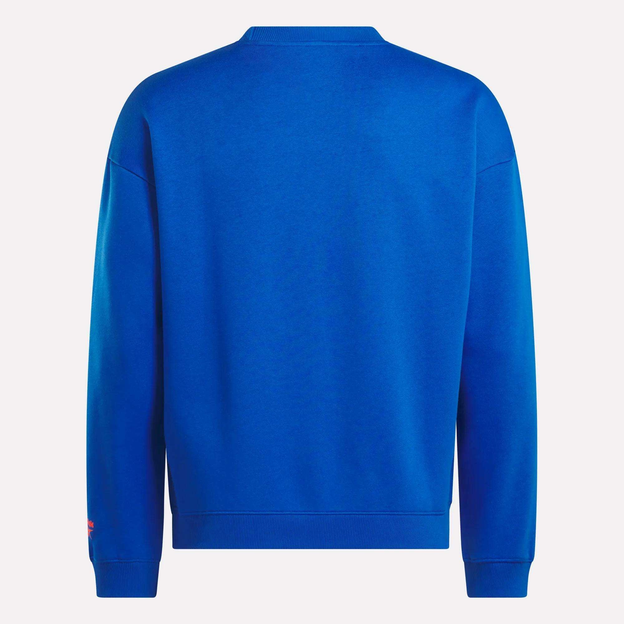 A Reebok Men's Varsity Sweatshirt in plain blue is displayed from the back against a white background, featuring long sleeves, ribbed cuffs, and a ribbed waistband for classic everyday style.
