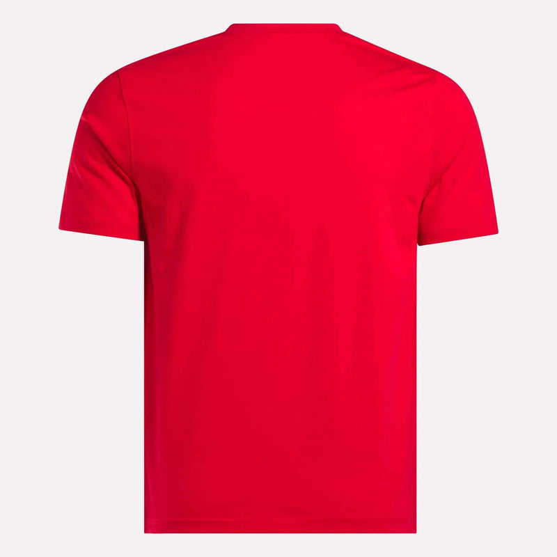 A Men's Big Logo Crewneck Short Sleeve Tee by Reebok, in plain red, is shown from the back against a white background.