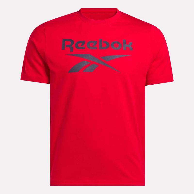 The Men's Big Logo Crewneck Short Sleeve Tee by Reebok features a bold black Reebok logo and name on a bright red design, offering classic crewneck style and comfortable short sleeves for an athletic look.