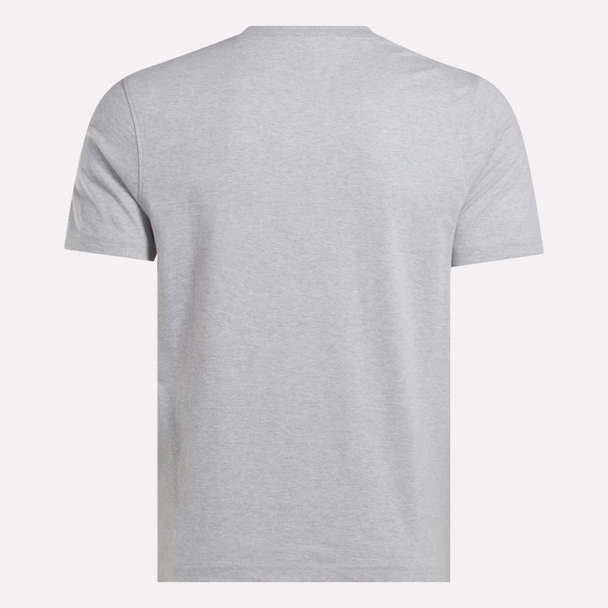 The Reebok Men's Big Logo Crewneck Short Sleeve Tee is shown from the back in light gray against a white background.