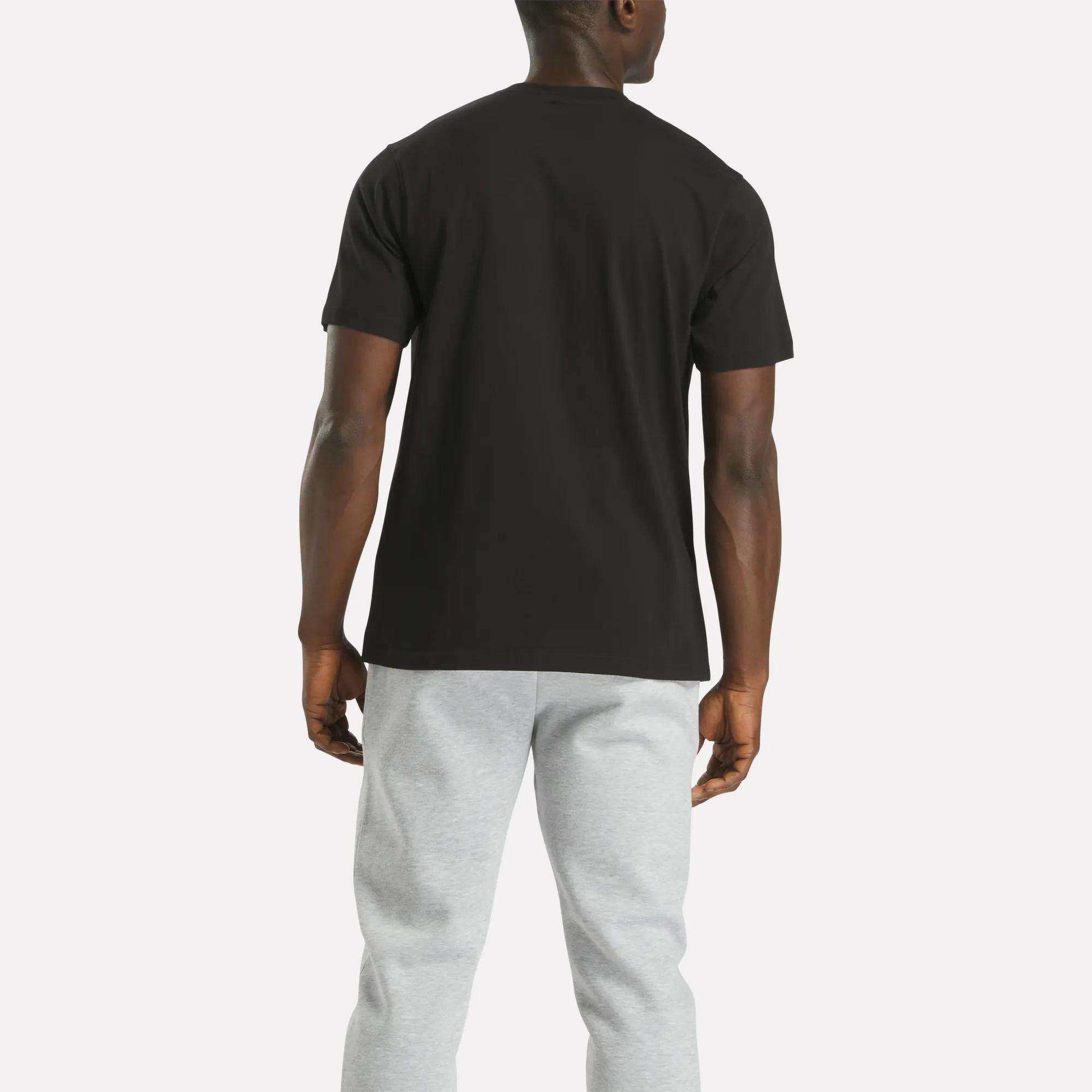 A person faces away from the camera, wearing a Reebok Men's Big Logo Crewneck Short Sleeve Tee in black and light gray sweatpants against a white background—a versatile everyday essential.