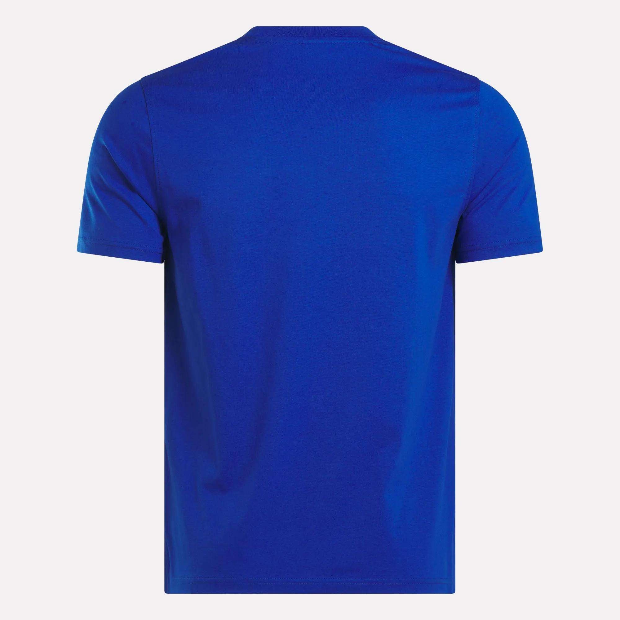 A Reebok Men's Small Logo Crewneck Short Sleeve T-Shirt in royal blue cotton jersey, displayed from the back against a white background.