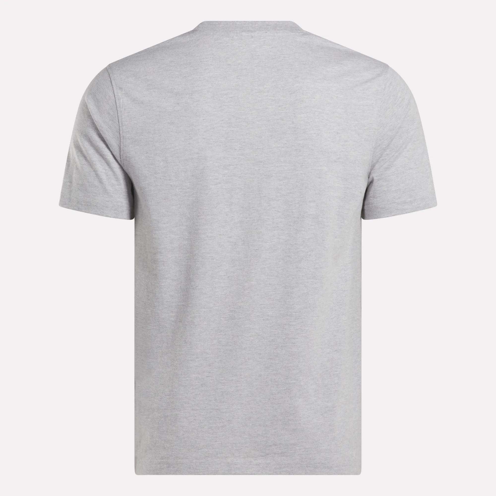 The Reebok Men's Small Logo Crewneck Short Sleeve T-Shirt in light gray, classic fit cotton jersey, is displayed from the back on a white background.