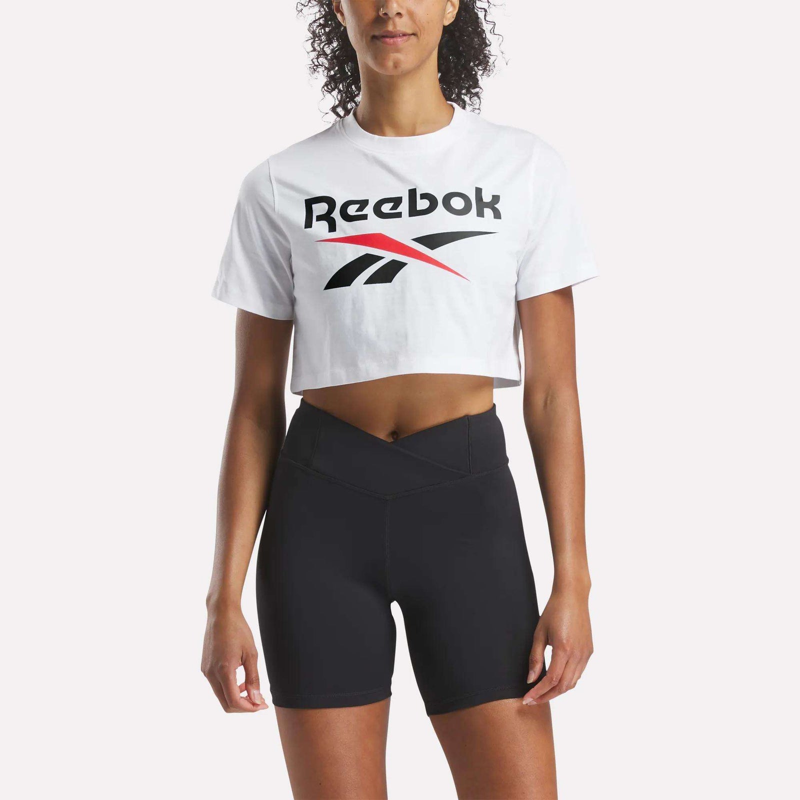 Reebok Women's Two-Color Logo Crew Cropped Short Sleeve Tee (White, Size - XS to 2XL)
