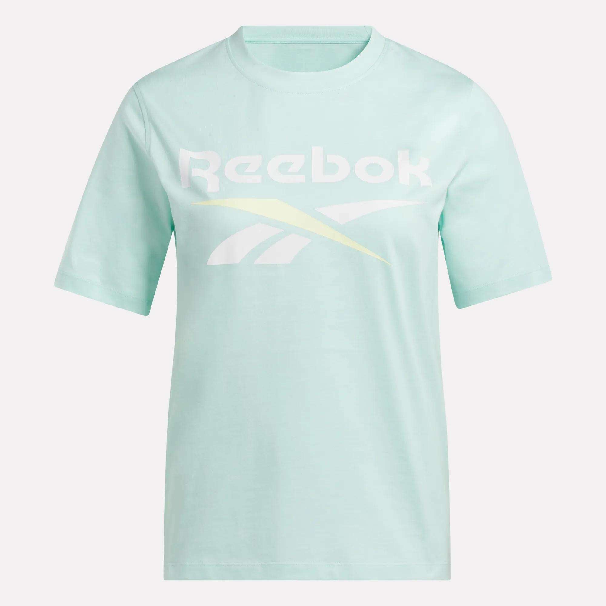 The Reebok Women's Two-Color Logo Crew Short Sleeve Tee features a light blue crewneck design with short sleeves and a white and yellow Reebok logo on the chest, shown against a plain white background.