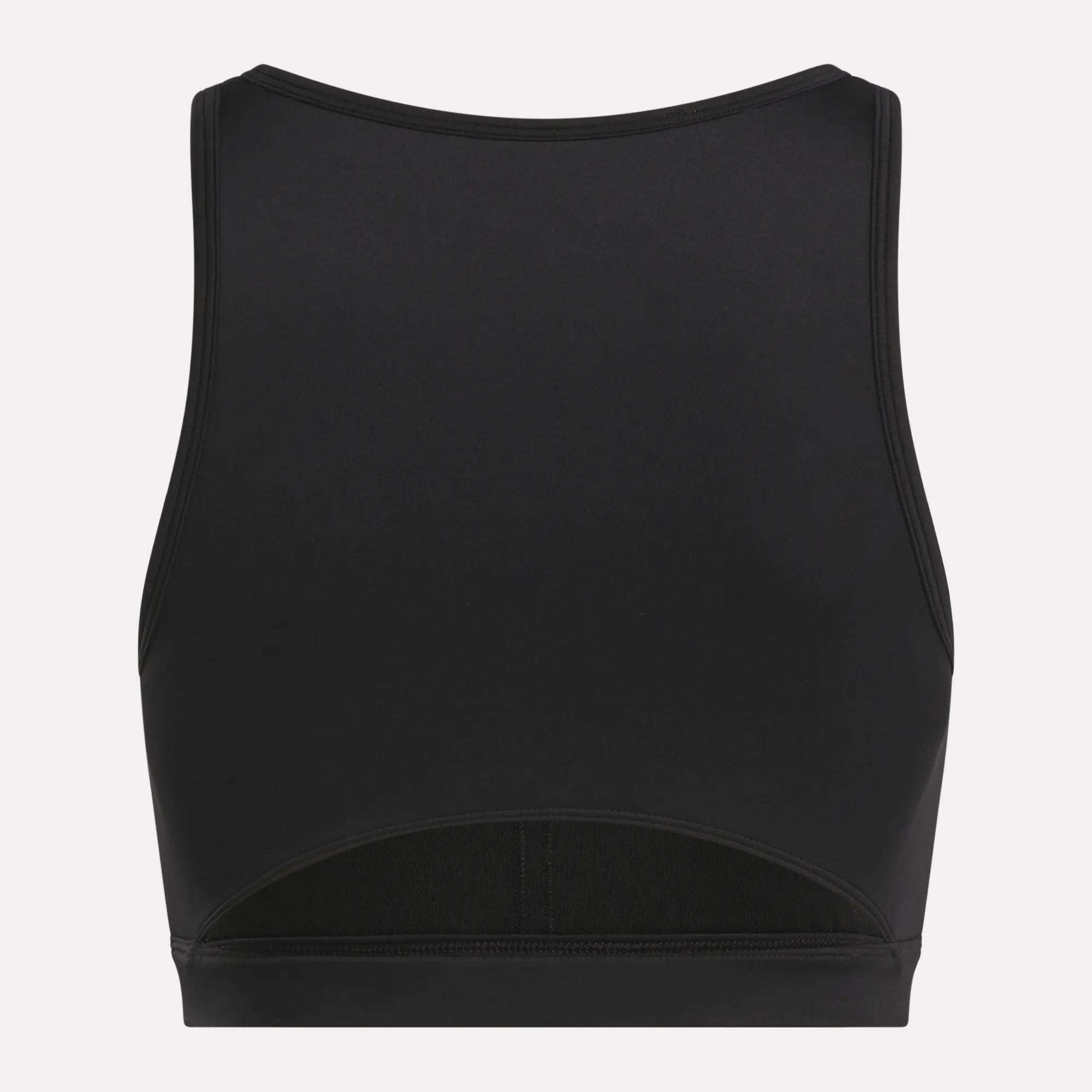 The Reebok Women's Core High-Impact Bra is a black, sleeveless crop top with a high neckline, sweat-wicking fabric, and a back cutout near the lower hem—ideal for intense workouts.