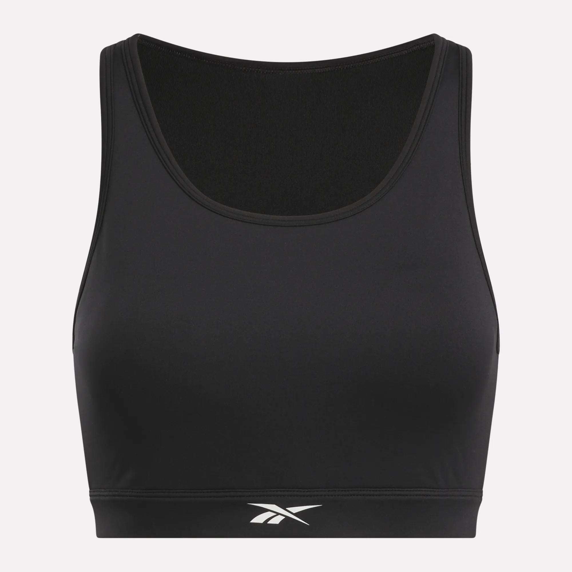The Women's Core High-Impact Bra by Reebok is black with a scoop neckline, white logo centered on the lower band, and made from sweat-wicking fabric, shown against a plain light background.