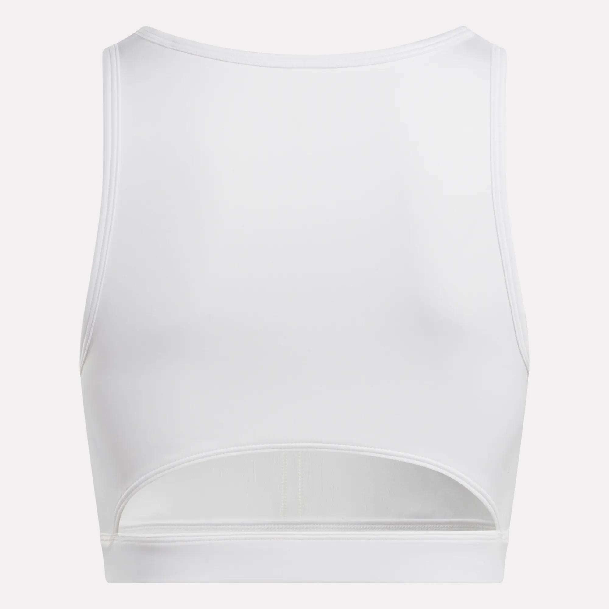 The Reebok Women's Core High-Impact Bra is a white, sleeveless sports bra with a high neckline and horizontal lower-back cut-out. Made with sweat-wicking fabric to keep you cool and dry during intense workouts. Shown from the back.