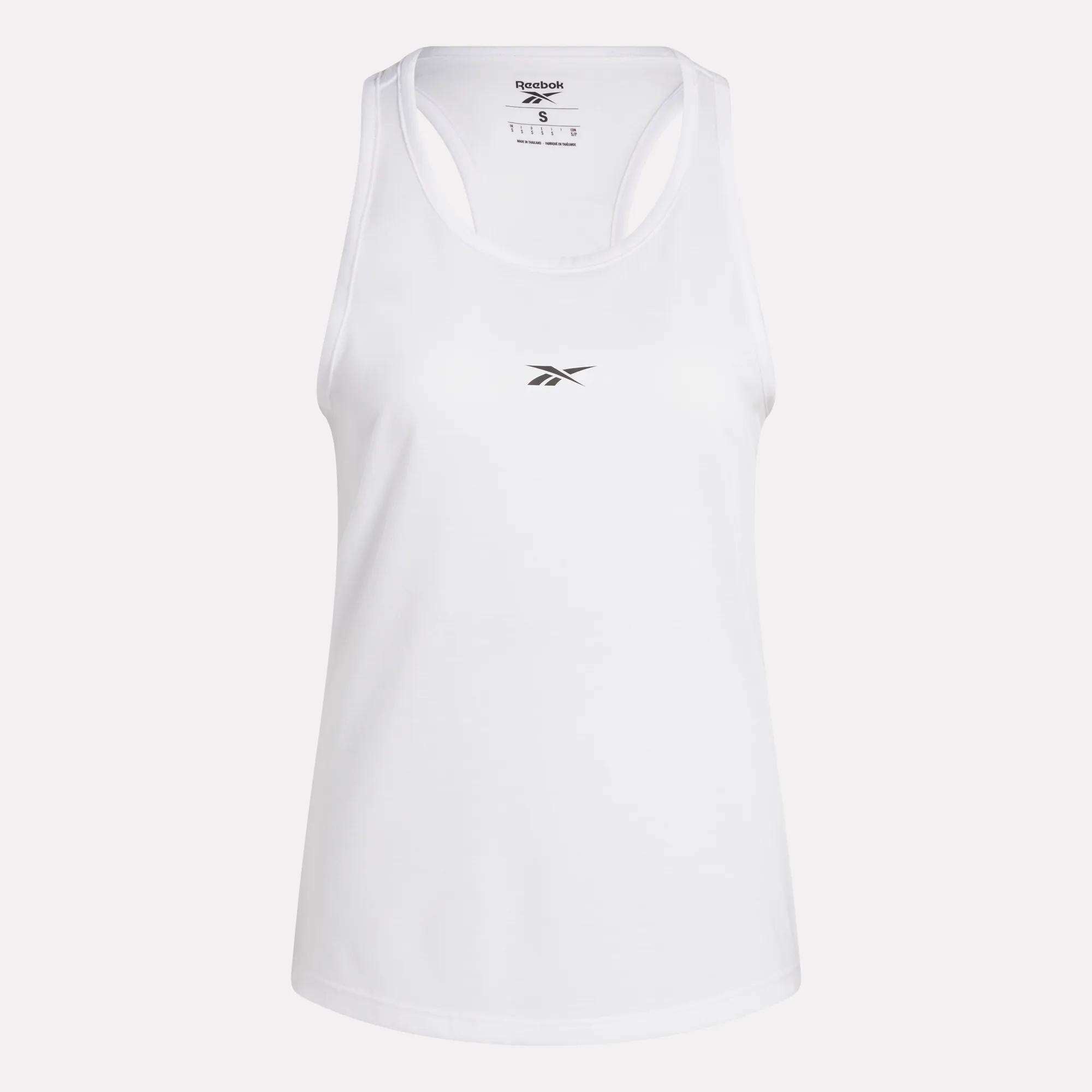 The Women's Core Tank Top by Reebok is a white racerback with a small black logo at the front center, made from sweat-wicking fabric to keep you cool during workouts.