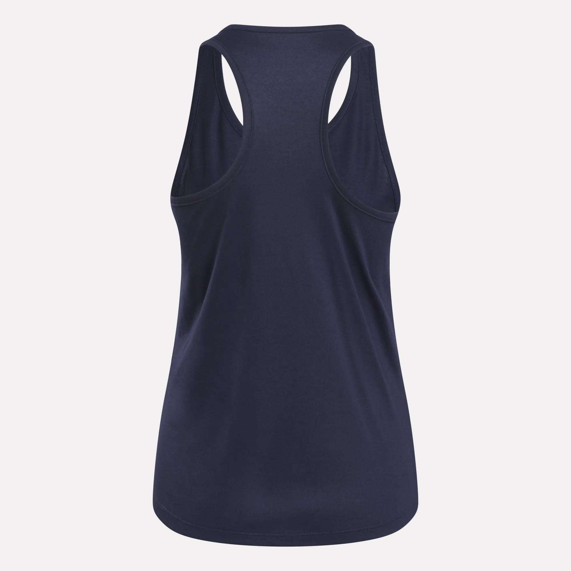 The Women's Core Tank Top by Reebok in navy blue is shown from the back. It has a slim fit, sleeveless design, and features soft, sweat-wicking fabric against a plain light gray background.