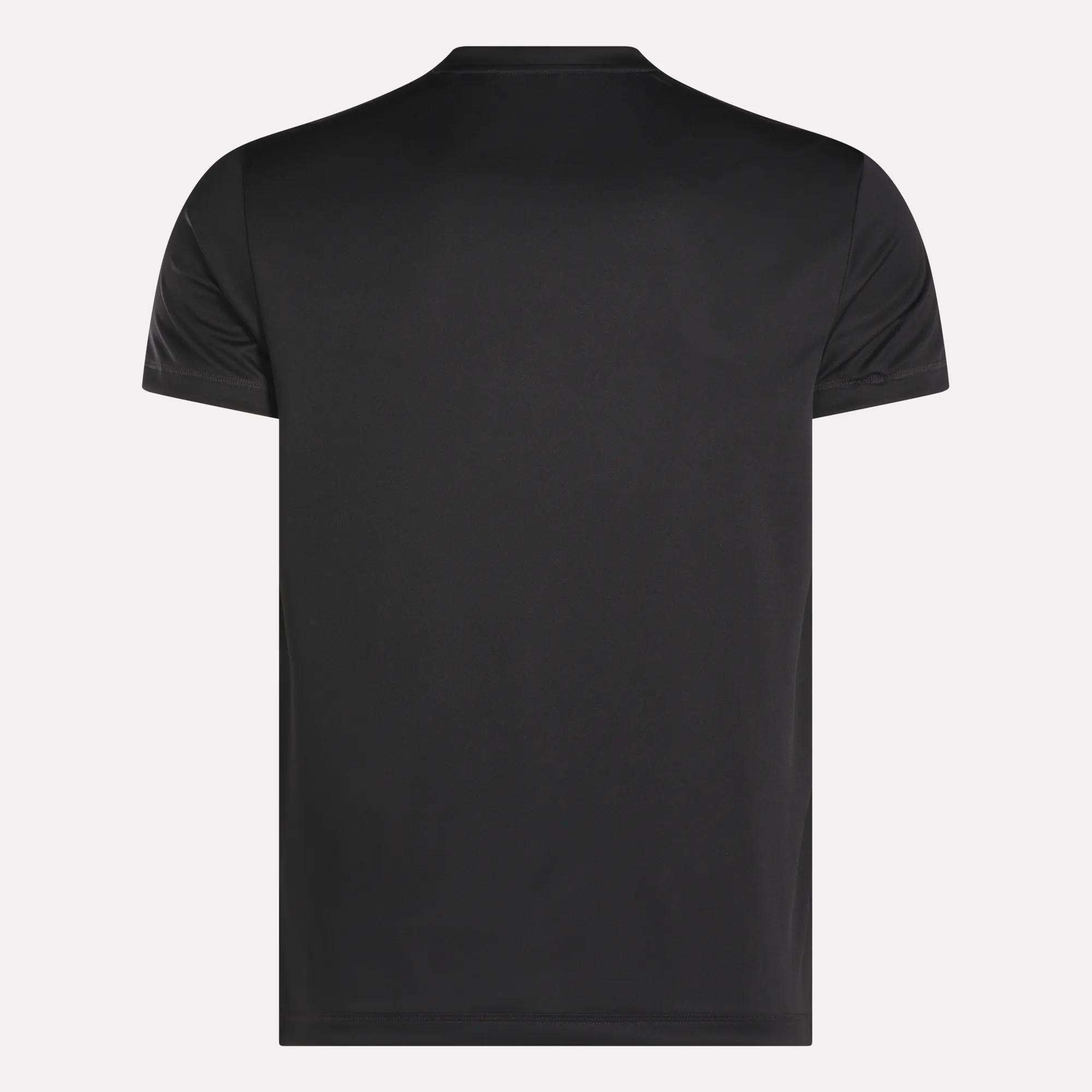 The Reebok Men's ID Train Short Sleeve Tech Tee is displayed from the back against a light background. This black gym shirt has a simple, logo-free design and is made with high-performance RBK-DRY fabric for all-day comfort.