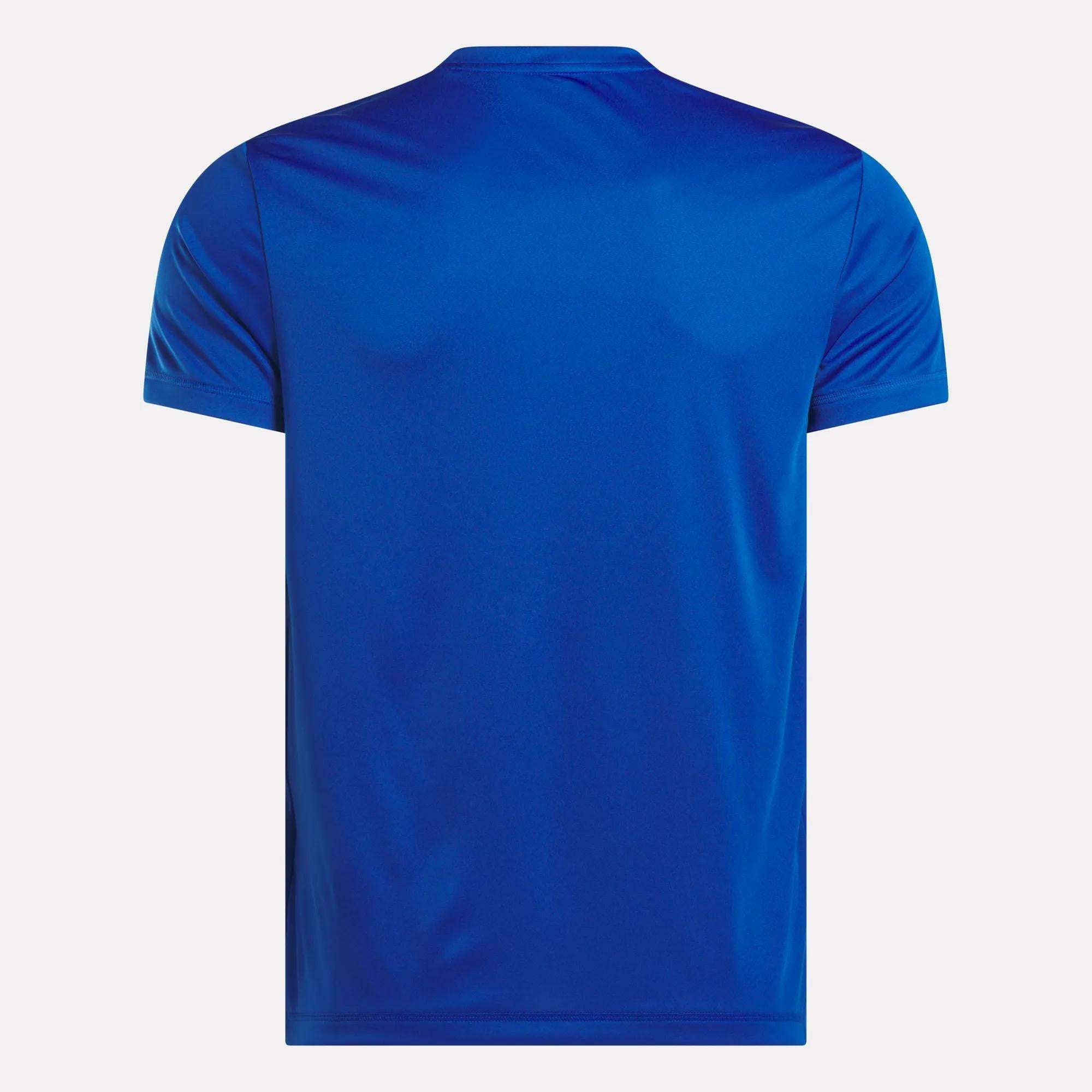 The Reebok Men's ID Train Short Sleeve Tech Tee in royal blue is shown from the back against a white background, making it ideal for men's training.