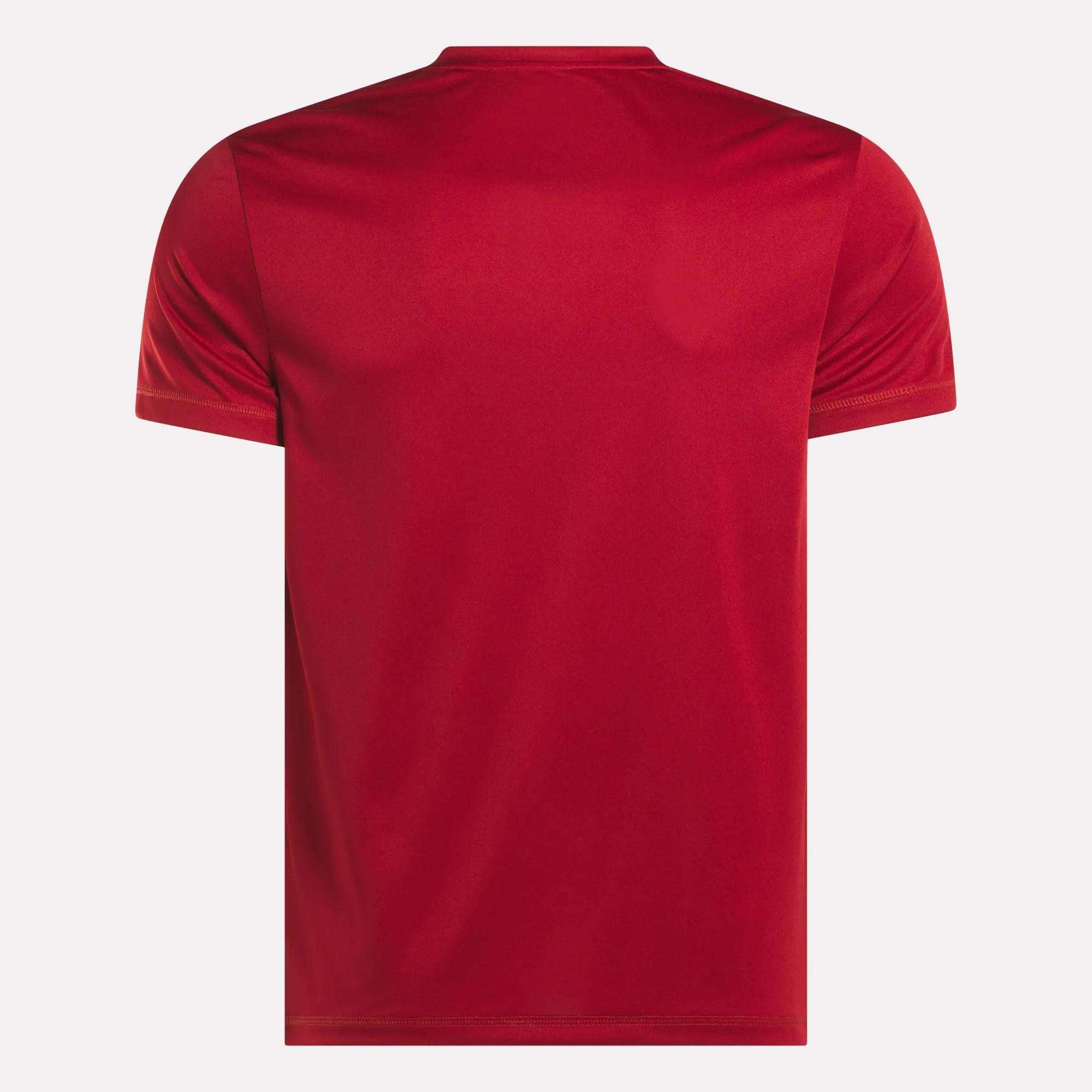 The Reebok Men's ID Train Short Sleeve Tech Tee is shown from the back in plain red on a white background. Its simple, logo-free design makes it a versatile, sweat-wicking workout shirt for any fitness routine.