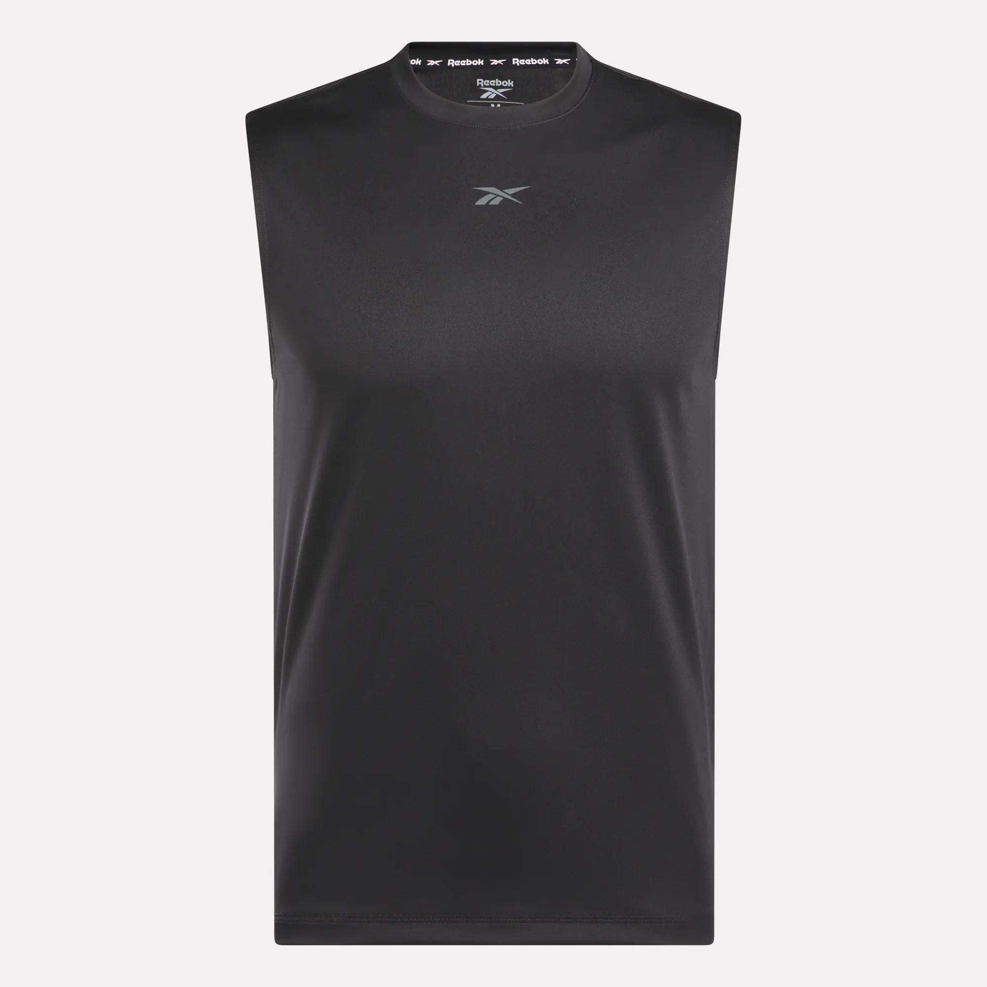 The Reebok Men's Train Sleeveless Tech Tee is a black, lightweight polyester gym shirt with a small chest logo, shown against a plain light background.