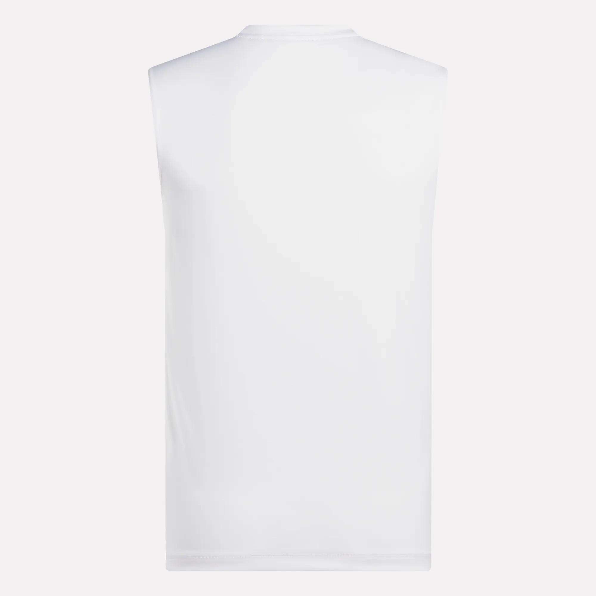 Back view of the Reebok Men's Sleeveless Tech Training T-Shirt in plain white, displayed against a light background. This workout shirt features a smooth, simple design with no logos or patterns.