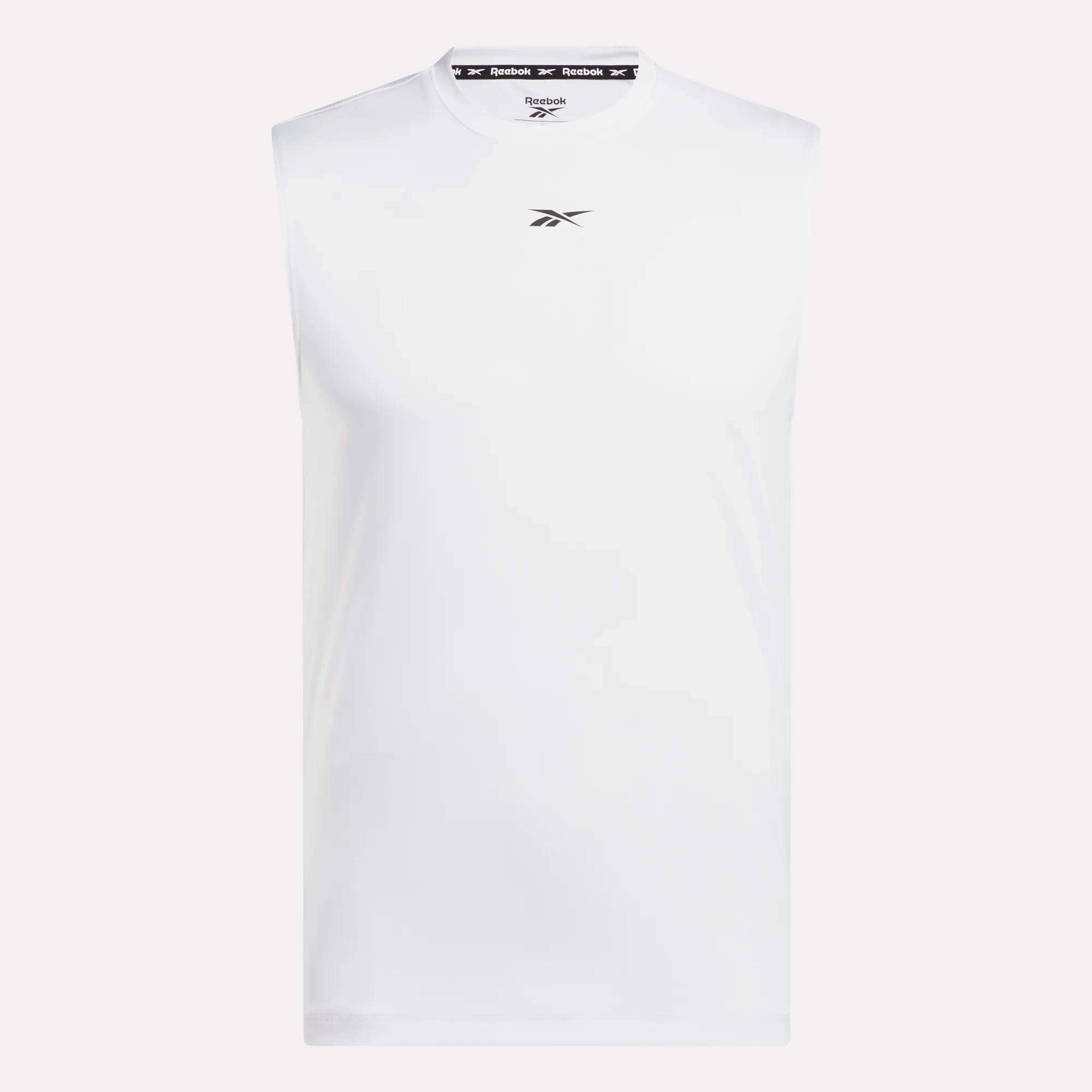 The Men's Sleeveless Tech Training T-Shirt by Reebok is a plain white, lightweight polyester jersey top with a small black Reebok logo on the chest and branded trim inside the collar.